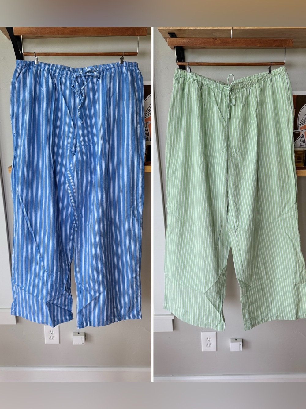 Set of 2 No Boundaries Blue Green White Striped Cotton Drawstring Pants Sz Large